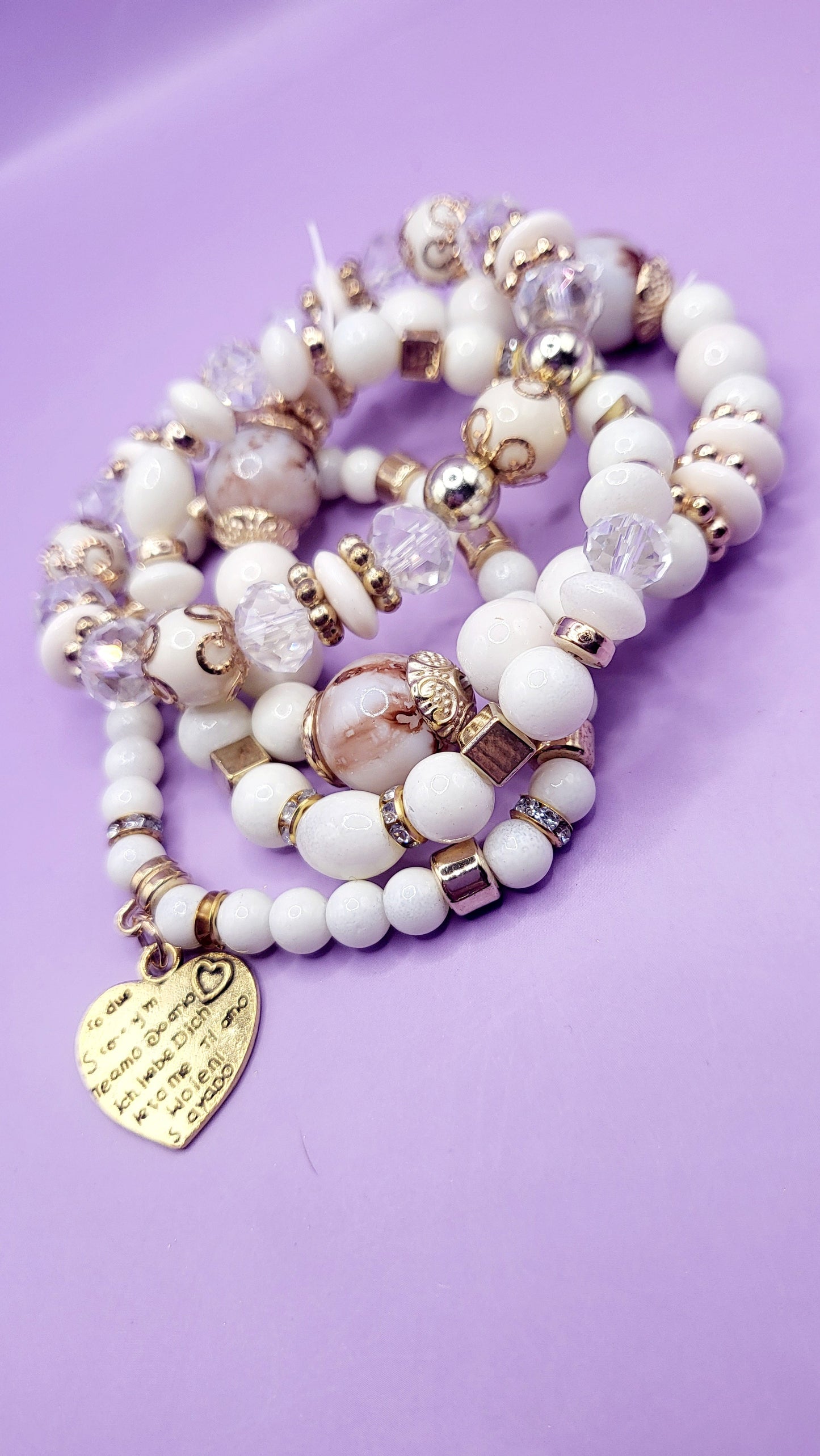 Heart Charm Ceramic Beaded Bracelet Set