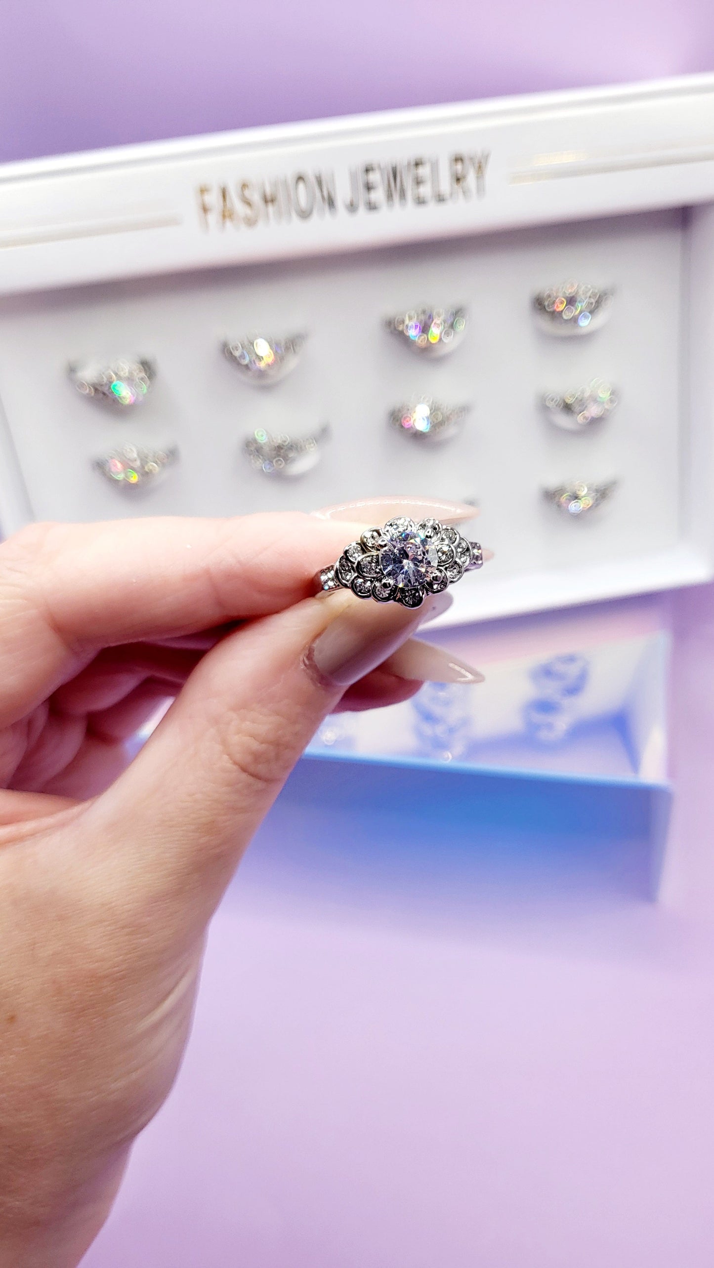 Mini Cluster Crystal Ring Silver Gold Box set of 12