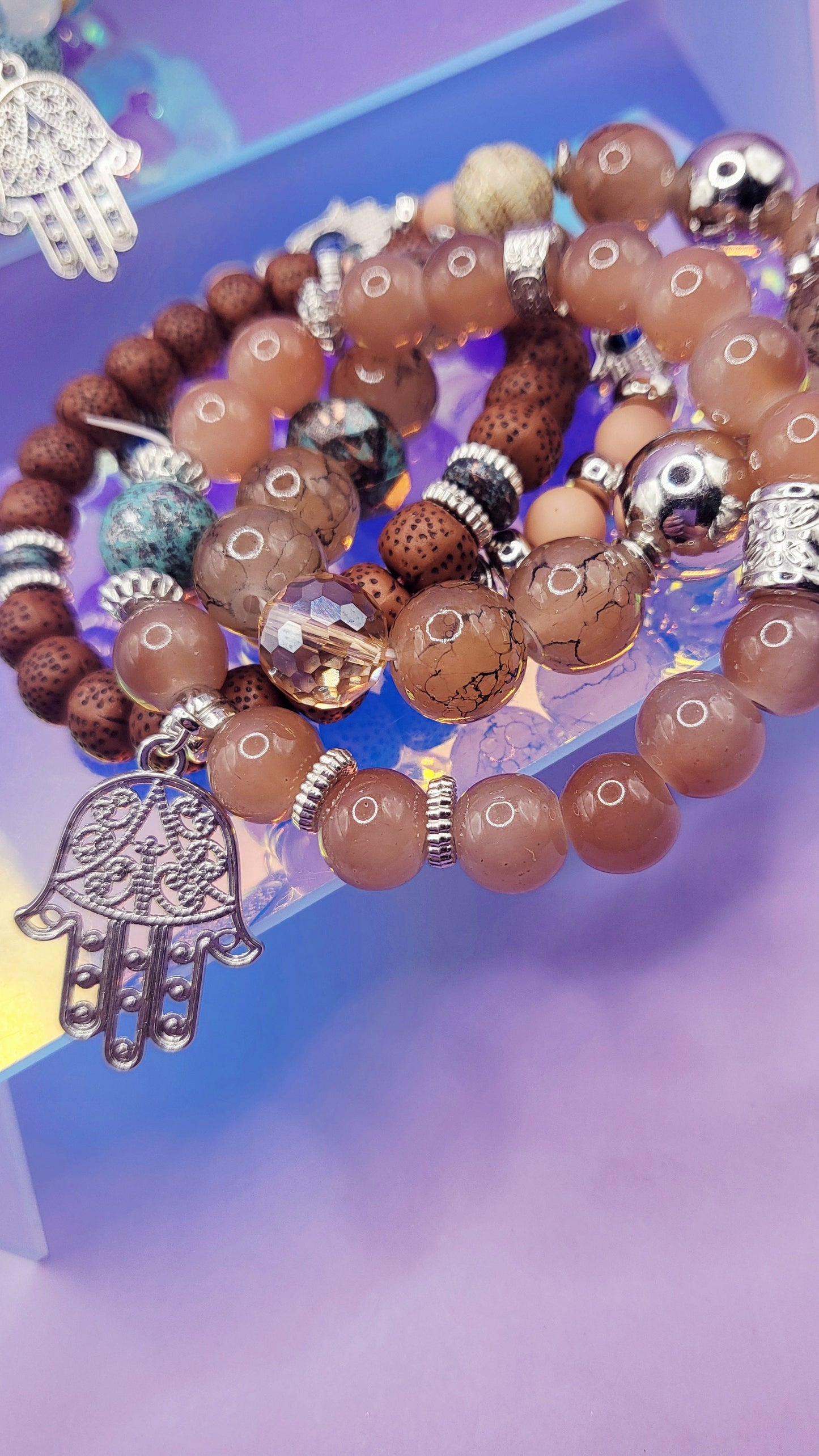 Hamsa Charm Ceramic Beaded Bracelet Set