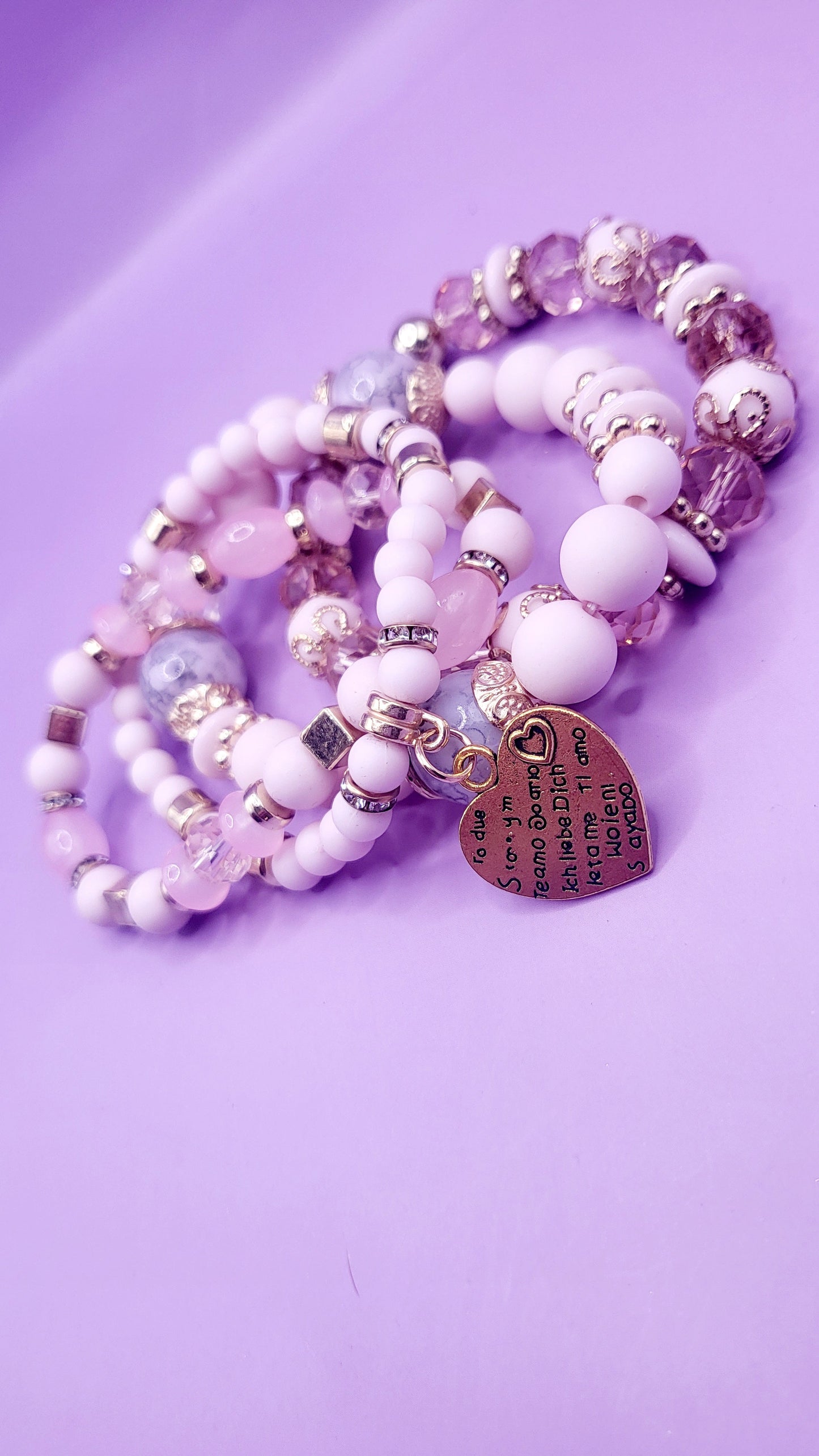 Heart Charm Ceramic Beaded Bracelet Set