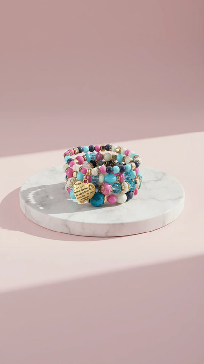 Heart Charm Ceramic Beaded Bracelet Set