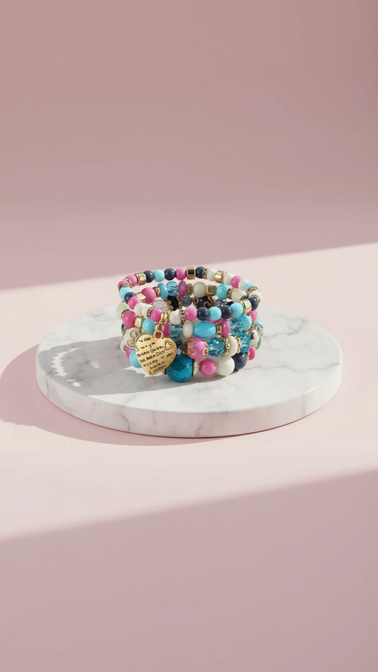 Heart Charm Ceramic Beaded Bracelet Set