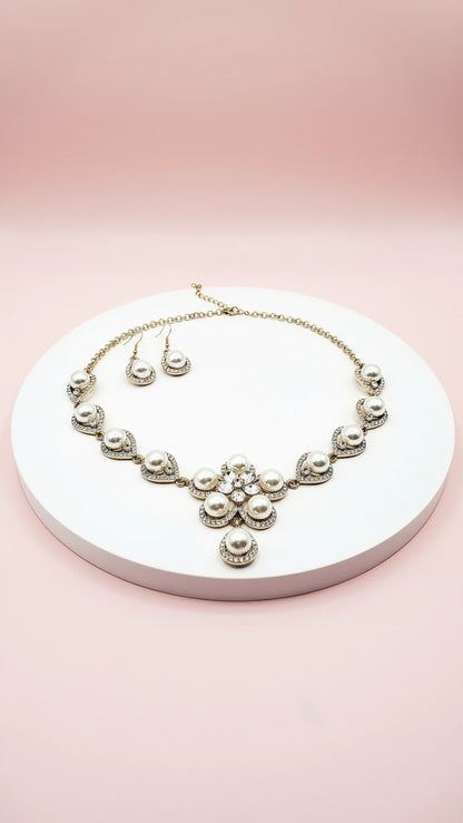 Pearl Crystal Flower Necklace & Earrings Set