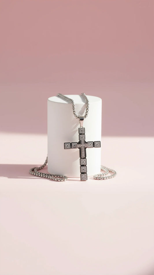 Square Cut Layered Silver Cross Necklace