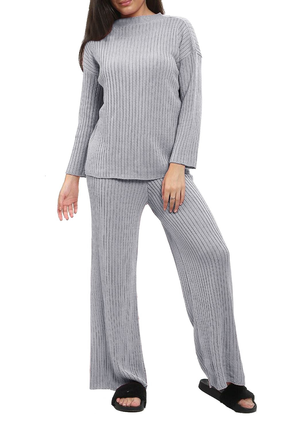 Ladies Chunky Knitted Ribbed Polo High Neck Top Leggings Loungewear Suit Set