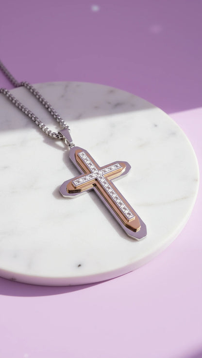 Two Tone Alloy Crystal Cross Necklace