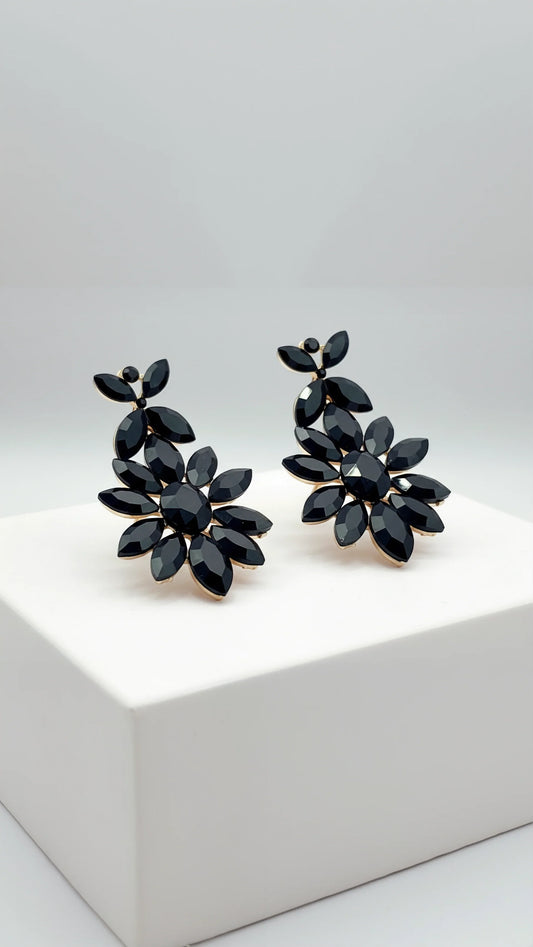 Black Flower Crystal Drop and Dangle Earrings