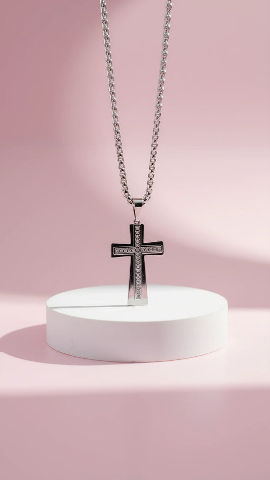 Round Cut Crystal Inlaid Silver Cross Necklace