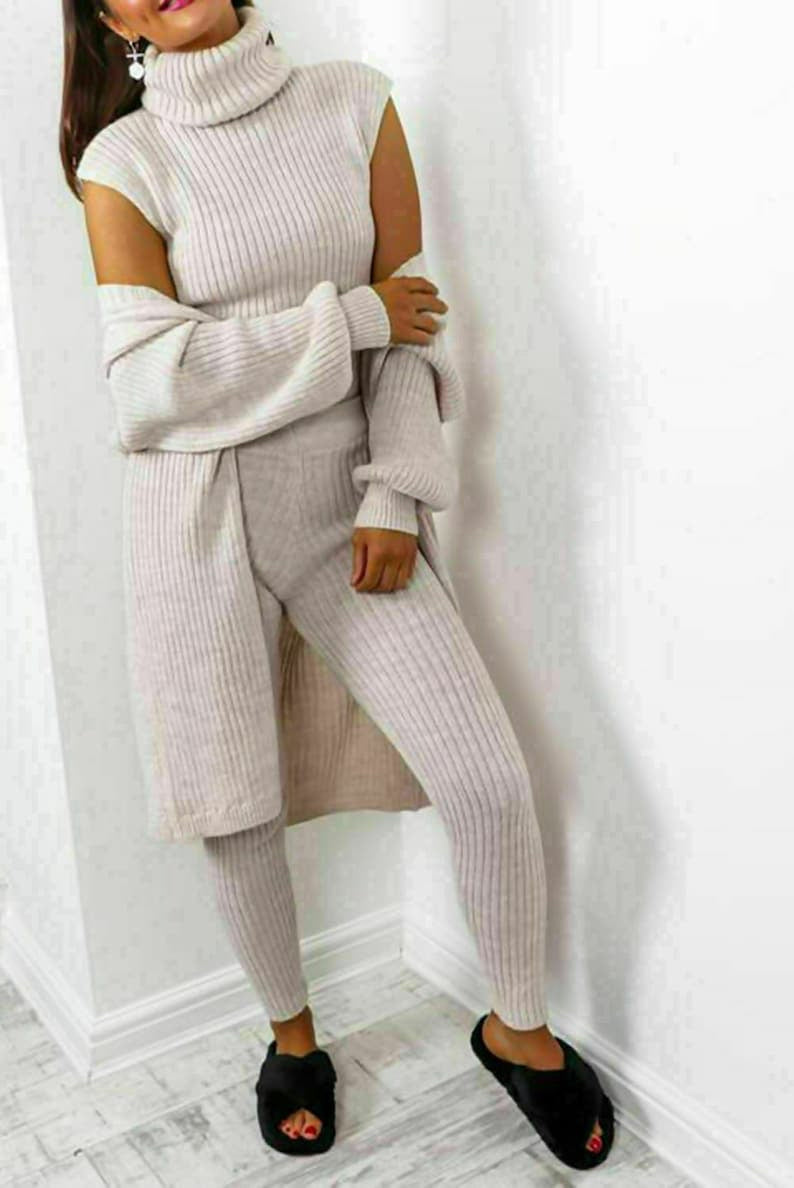 Ladies 3 Piece Suit Roll Neck Chunky Knitted Ribbed Tracksuit Lounge Set