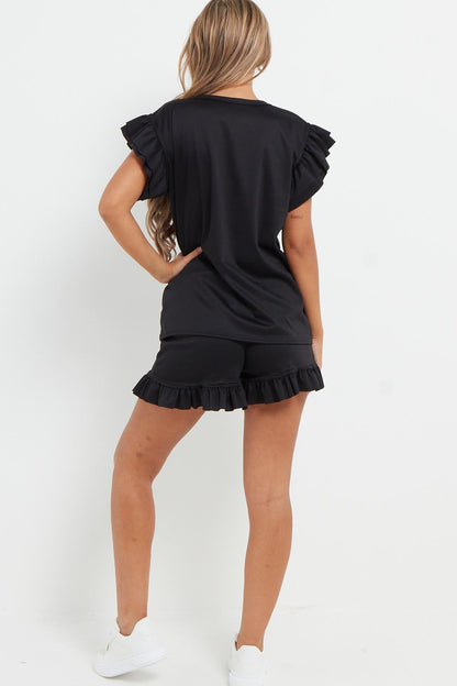 Ladies V Neck Frill Peplum Sleeve Top and Short 2 Piece Tracksuit Set