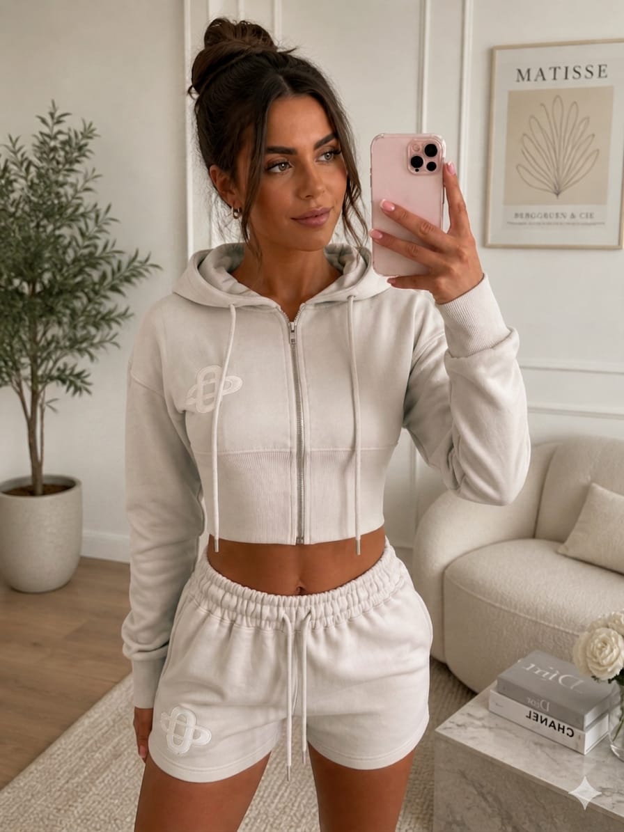 Embroidery Crop Zip Short Set