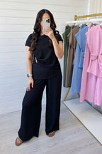 Ladies Gold Clasp Side Ruched Buckle detail Top and Wide Leg Trousers Cheesecloth Lightweight Summer Co-Ord