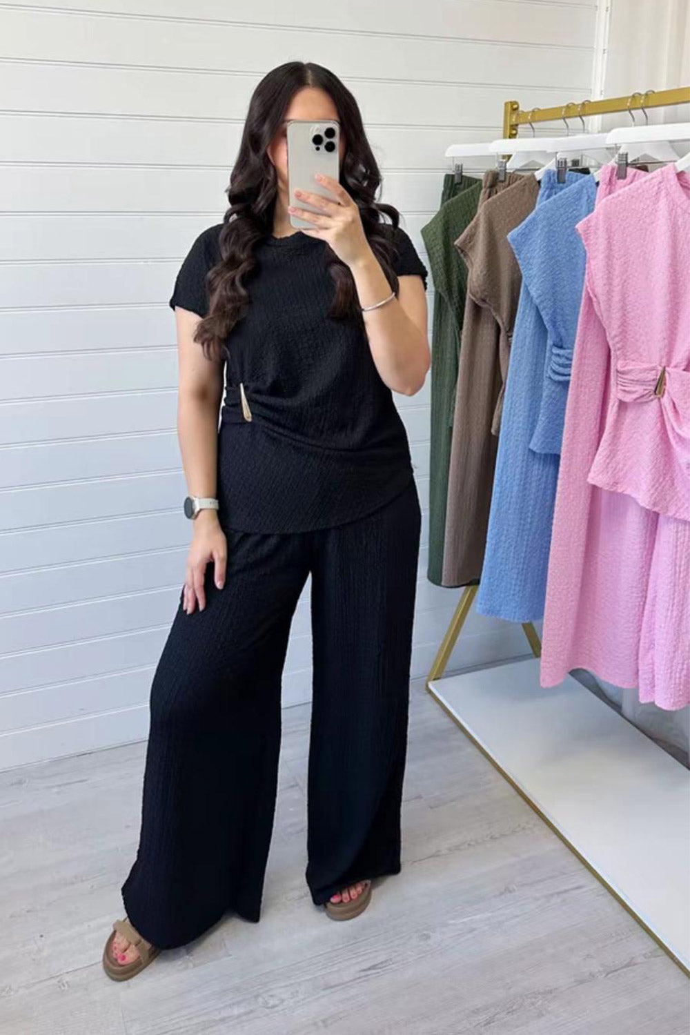 Ladies Gold Clasp Side Ruched Buckle detail Top and Wide Leg Trousers Cheesecloth Lightweight Summer Co-Ord