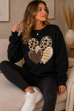 Ladies Long Sleeve Heart Stripe Leopard Print Round Neck Sweatshirt