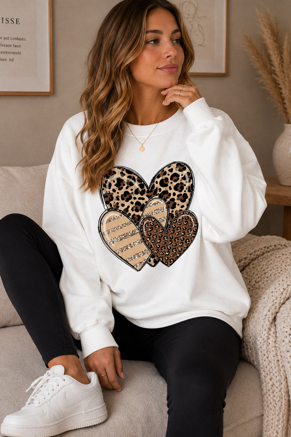 Ladies Long Sleeve Heart Stripe Leopard Print Round Neck Sweatshirt