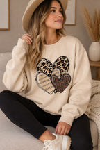 Ladies Long Sleeve Heart Stripe Leopard Print Round Neck Sweatshirt