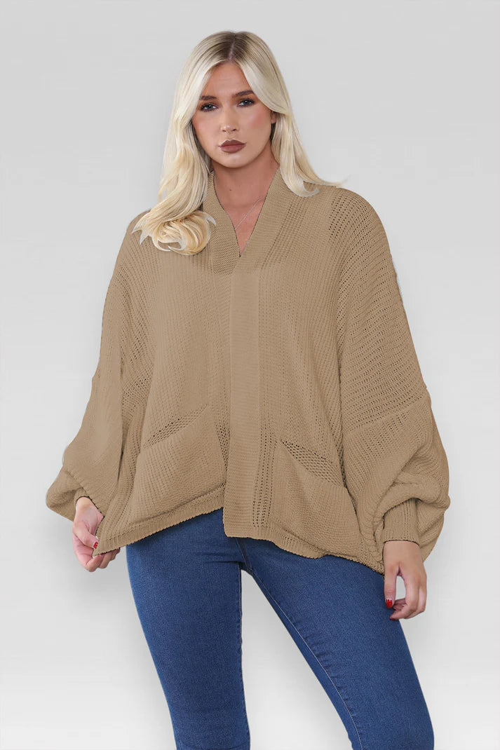 Ladies Oversized Cropped Short Balloon Pocket Chunky Knitted Cardigan