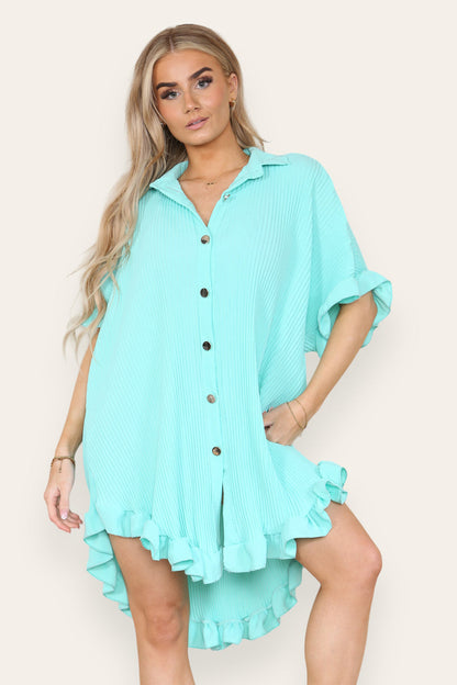 Over Sized Italian Gold Button Pleated Frill Ruffle TikTok Dress Top