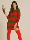 Ladies Horror Freddy Krueger Style Halloween Red Green Stripe Knitted Jumper Dress Top