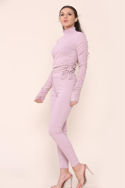 High Neck Ruched Side Arm Solid Drawstrings Ribbed Tee and Leggings set