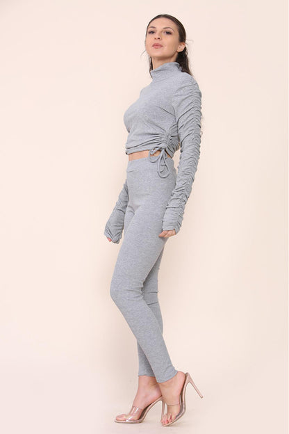 High Neck Ruched Side Arm Solid Drawstrings Ribbed Tee and Leggings set