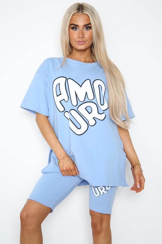 Armour Side Slit Cycling Short and T-Shirts Co-Ord Two Piece Set with Front Love Slogan