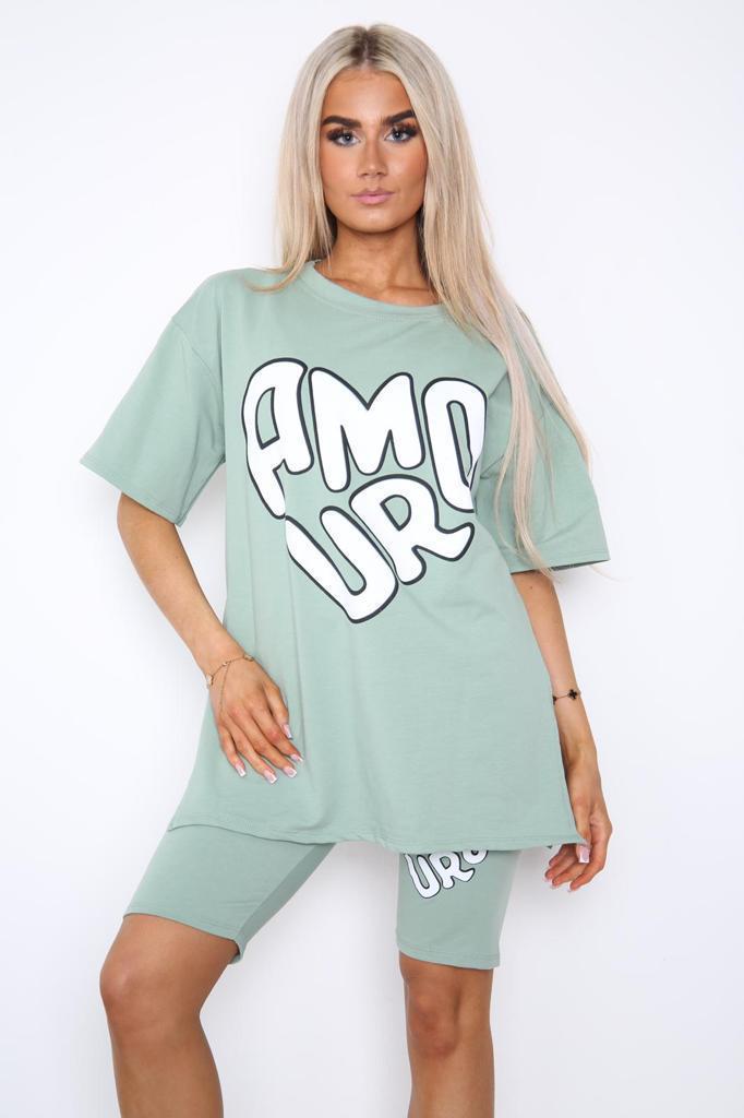 Armour Side Slit Cycling Short and T-Shirts Co-Ord Two Piece Set with Front Love Slogan