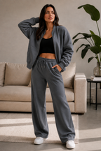 Bomber New Style Oversized Fleece Zipper and Wide Leg Tracksuit
