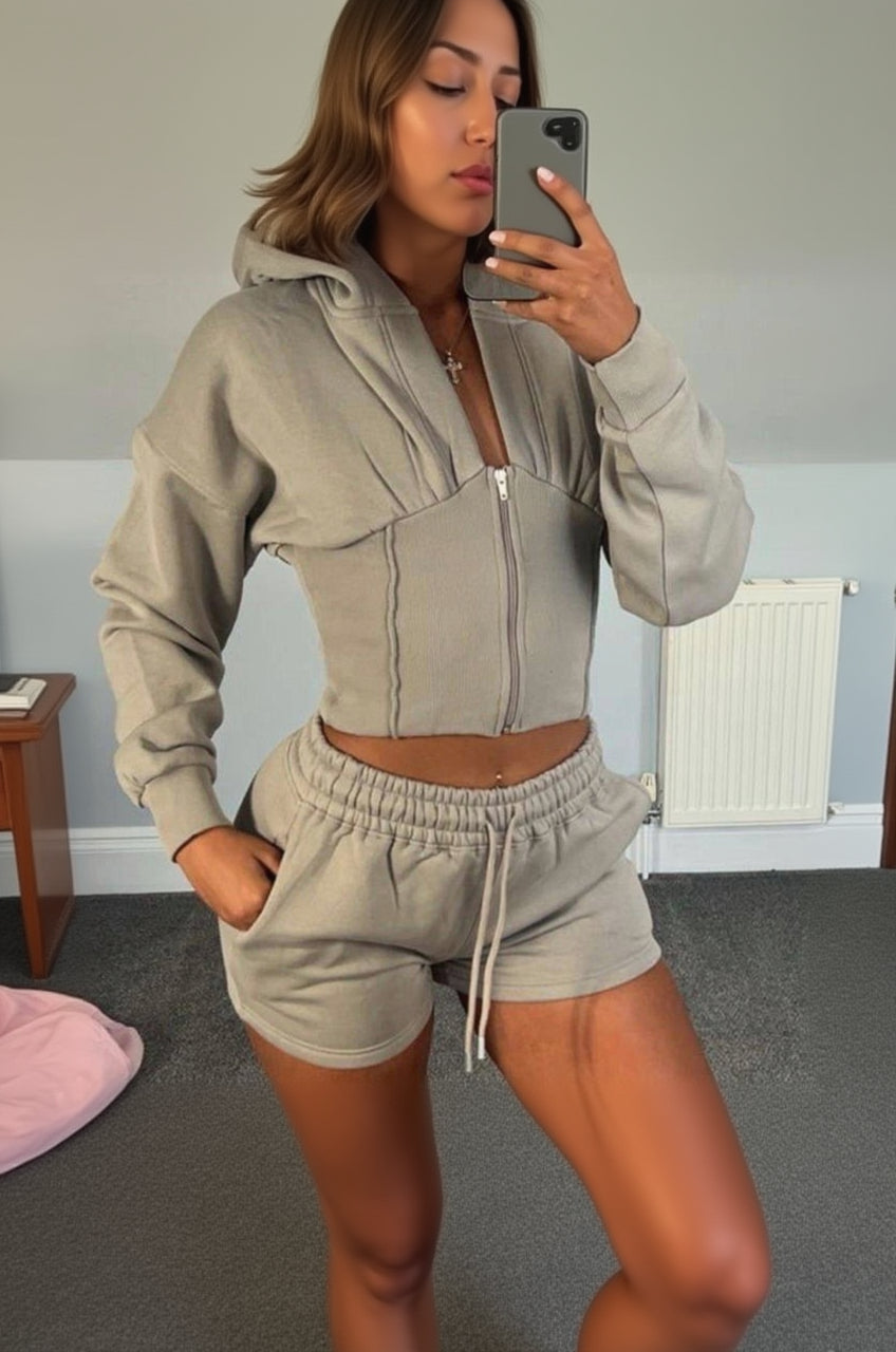 Cropped Zipped Co-Ord Hooded Short Set