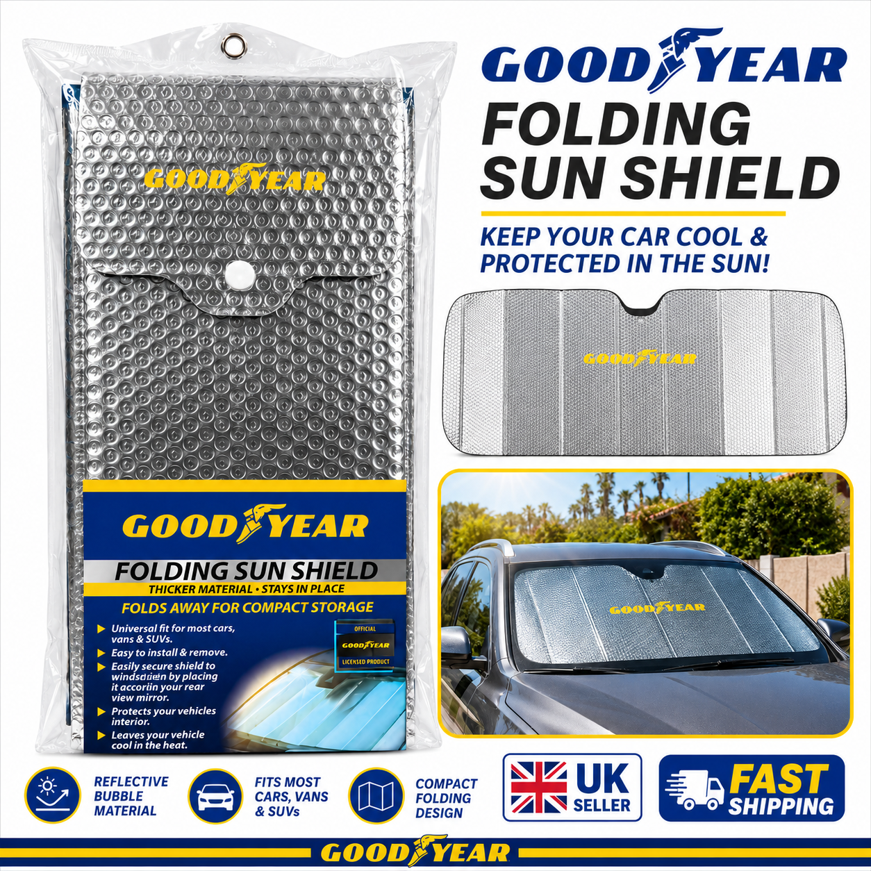Goodyear Folding Car Sun Shade Reflective Windshield Sun Shield Universal Fit