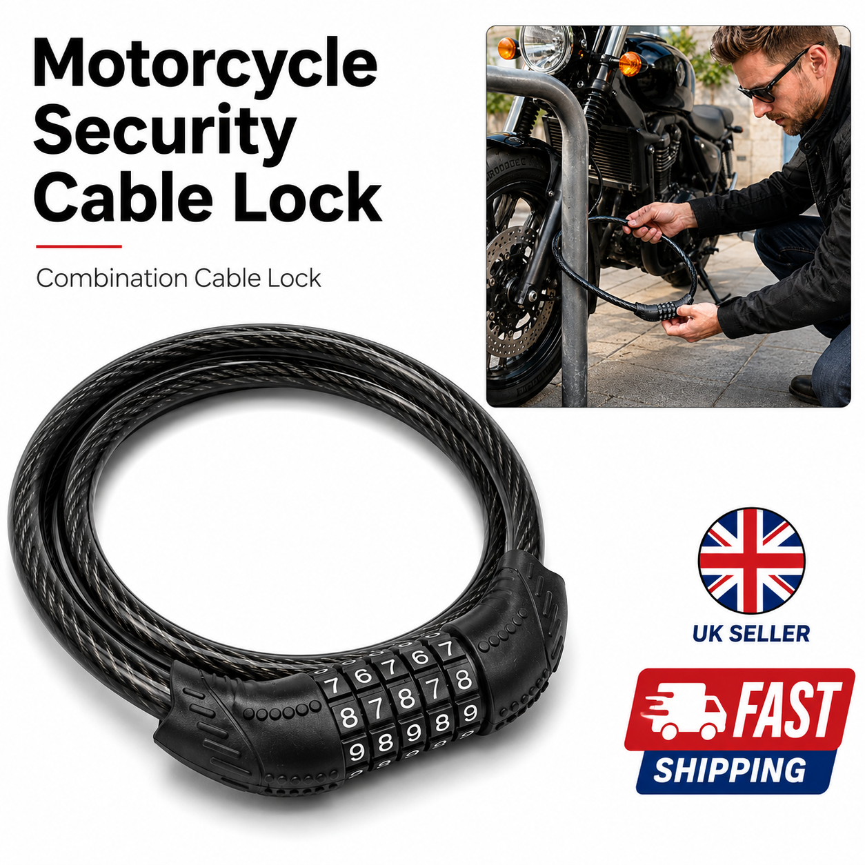 Heavy-Duty 5-Digit Combination Cable Lock for Motorcycle, Bicycle and Scooter