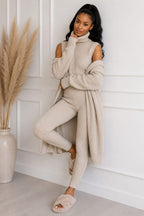 Ladies 3 Piece Suit Roll Neck Chunky Knitted Ribbed Tracksuit Lounge Set