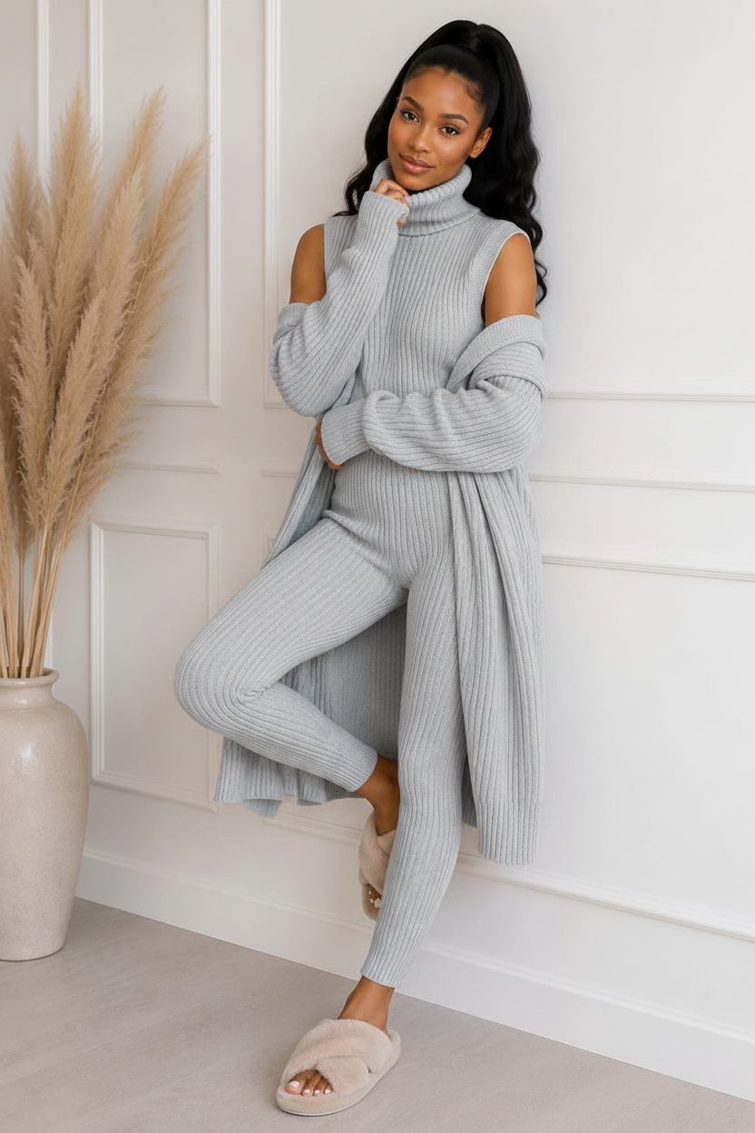 Ladies 3 Piece Suit Roll Neck Chunky Knitted Ribbed Tracksuit Lounge Set