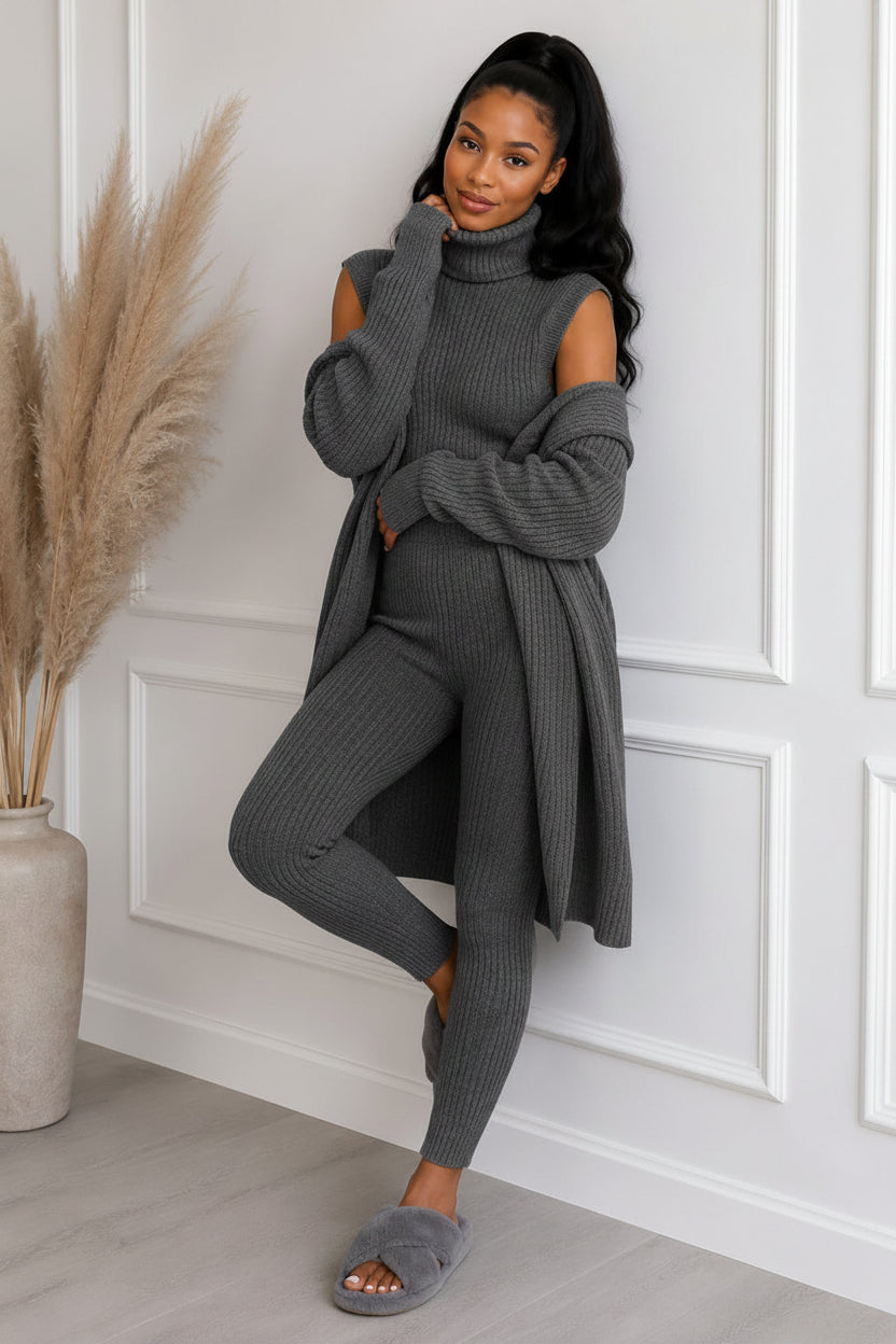 Ladies 3 Piece Suit Roll Neck Chunky Knitted Ribbed Tracksuit Lounge Set