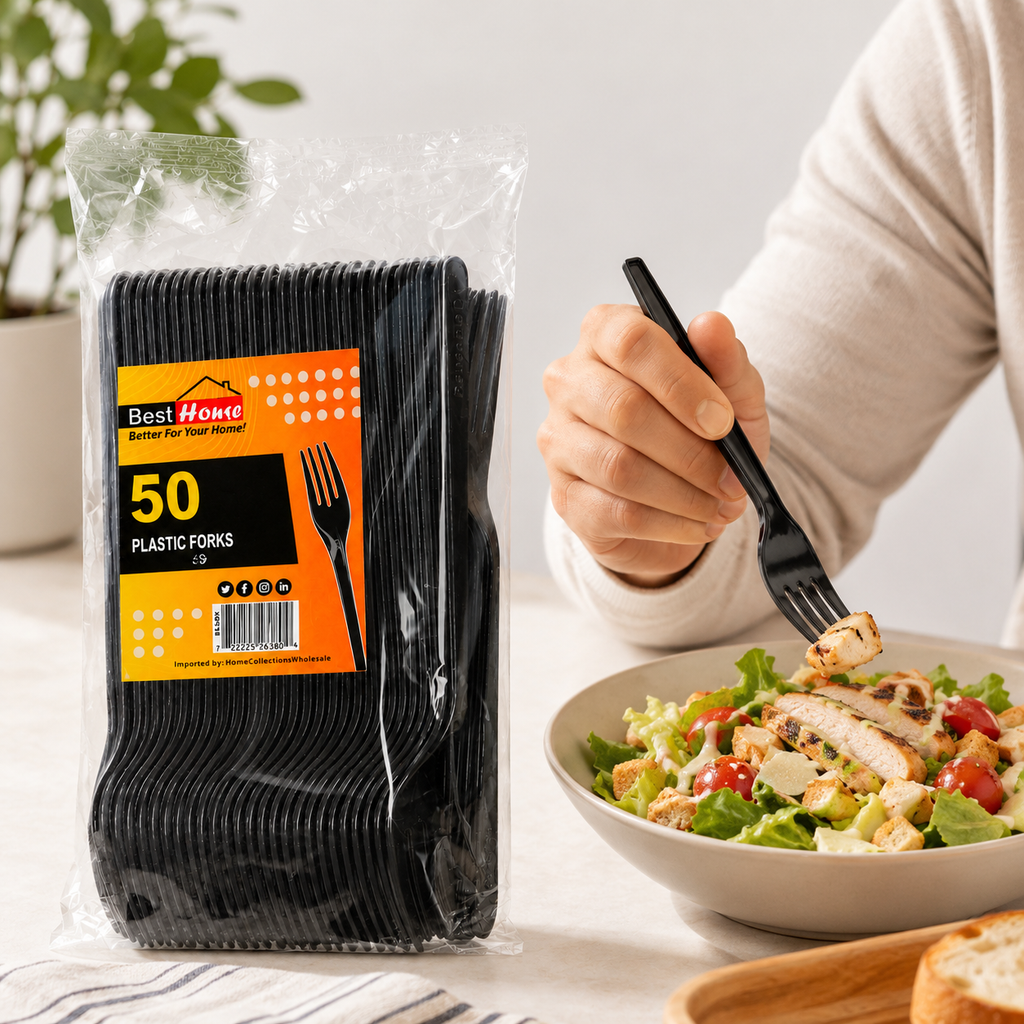 50 Black Plastic Forks Disposable Heavy Duty Cutlery for BBQ Party Picnic Catering