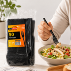 50 Black Plastic Forks Disposable Heavy Duty Cutlery for BBQ Party Picnic Catering