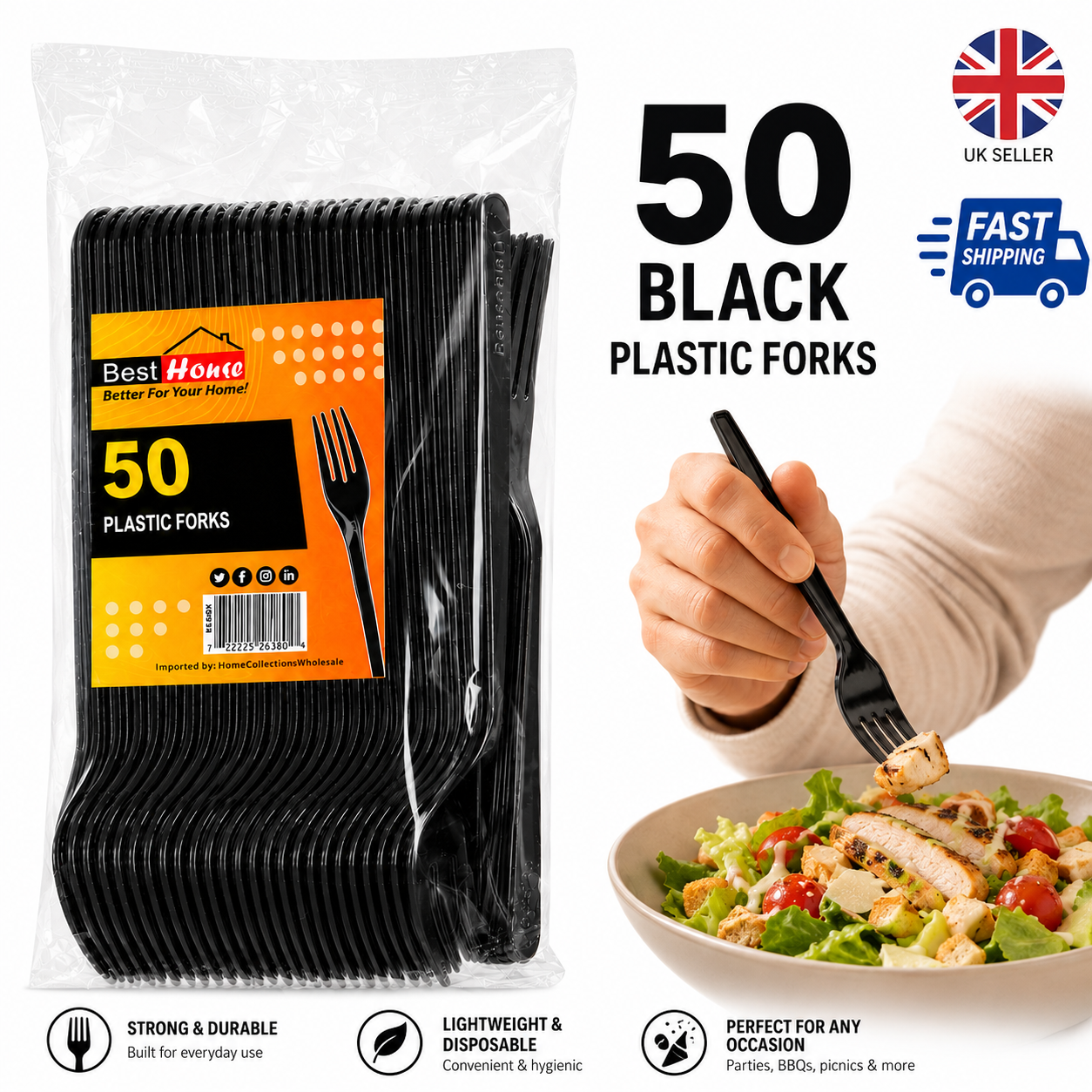 50 Black Plastic Forks Disposable Heavy Duty Cutlery for BBQ Party Picnic Catering