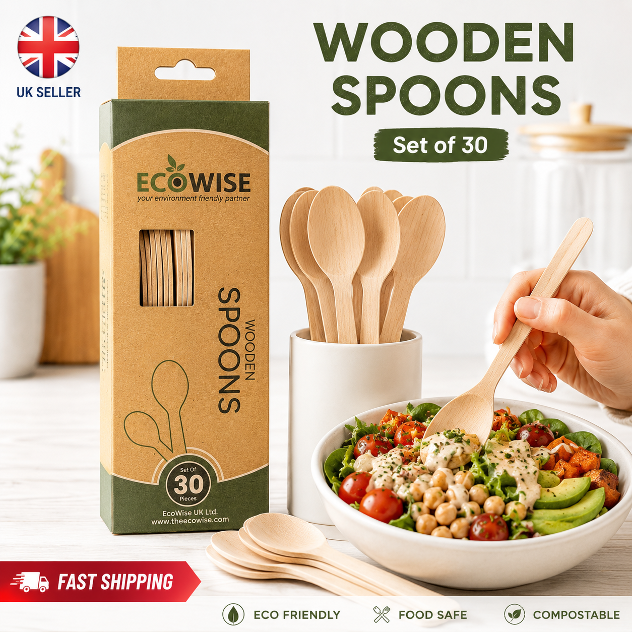 Eco-Friendly Wooden Spoons – Set of 30 Disposable Compostable Cutlery