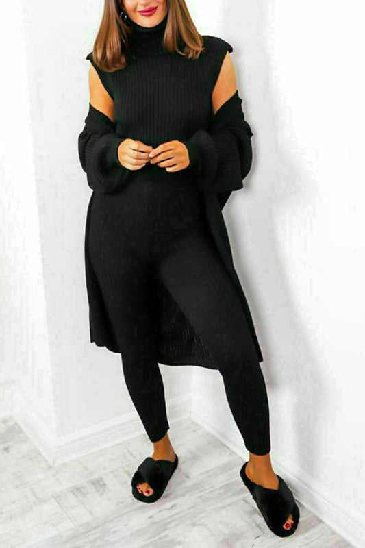 Ladies 3 Piece Suit Roll Neck Chunky Knitted Ribbed Tracksuit Lounge Set