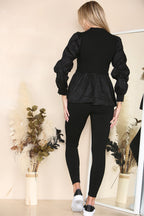 Long Ruched Sleeves Ribbed Peplum Diamond Buttons Frilled Hem Lounge Wear Co-Ord Set