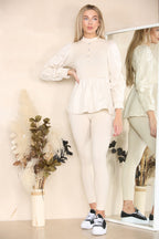 Long Ruched Sleeves Ribbed Peplum Diamond Buttons Frilled Hem Lounge Wear Co-Ord Set