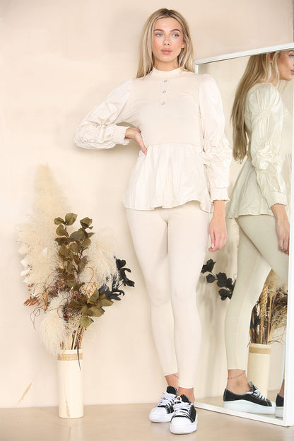 Long Ruched Sleeves Ribbed Peplum Diamond Buttons Frilled Hem Lounge Wear Co-Ord Set