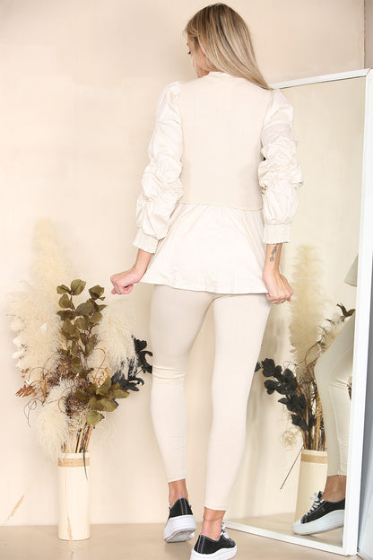 Long Ruched Sleeves Ribbed Peplum Diamond Buttons Frilled Hem Lounge Wear Co-Ord Set