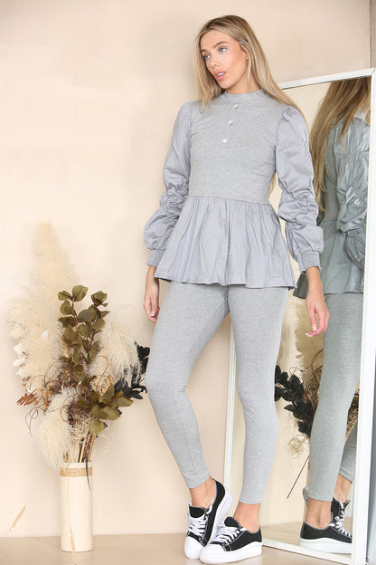 Long Ruched Sleeves Ribbed Peplum Diamond Buttons Frilled Hem Lounge Wear Co-Ord Set