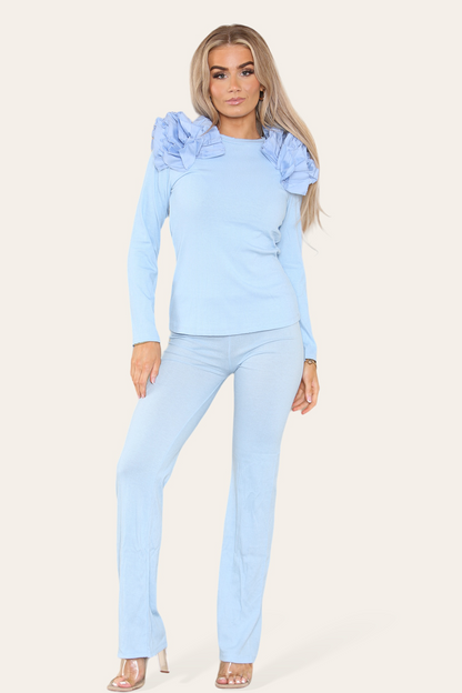 Ruffle Frill Shoulder Ribbed Loungewear Co-Ord Top & Trouser Set