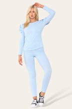 Frilled Sleeves Set Shoulder Golden Button Lounge Wear Suit