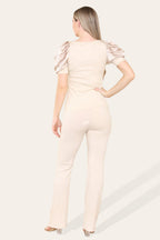 Silky Satin Puff Sleeves Ribbed Lounge Set