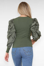 Oversized Puff Sleeves Ribbed Top