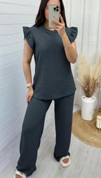 Women's Super Soft Pop Corn Material Frill Short Sleeve Top Trousers 2Pcs Co-Ord Loungewear Set
