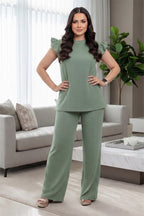 Women's Super Soft Pop Corn Material Frill Short Sleeve Top Trousers 2Pcs Co-Ord Loungewear Set